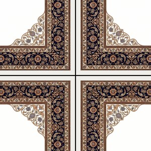 Pode incluir: Padr&atilde;o quadrado com desenhos ornamentados e repetitivos. O design inclui um fundo azul marinho escuro com padr&otilde;es florais e de rolagem em tons de marrom e dourado, emoldurado por uma borda creme. Os cantos t&ecirc;m um fundo branco.