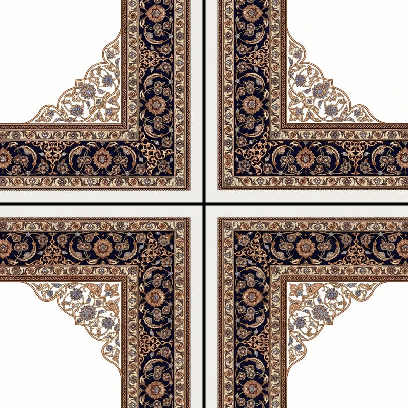 Pode incluir: Padr&atilde;o quadrado com desenhos ornamentados e repetitivos. O design inclui um fundo azul marinho escuro com padr&otilde;es florais e de rolagem em tons de marrom e dourado, emoldurado por uma borda creme. Os cantos t&ecirc;m um fundo branco.
