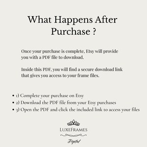 Puede incluir: Una hoja informativa de color crema con el t&iacute;tulo "What Happens After Purchase?". El texto explica el proceso de descarga, incluida la descarga de un archivo PDF de Etsy y el acceso a los archivos de marco. El logotipo de LuxeFrames est&aacute; en la parte inferior.