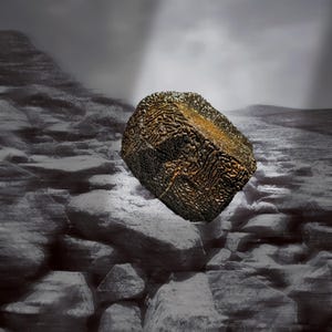 May include: A cylindrical object with a dark, metallic, and textured surface featuring intricate, raised, maze-like patterns. The top surface displays a golden-brown hue, while the sides are a deep, dark bronze color, suspended above a rocky terrain.