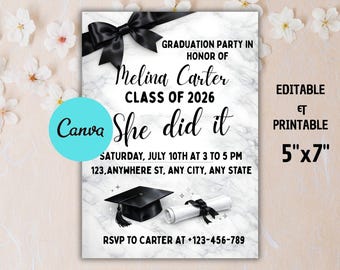 Invitación de graduación con lazo negro, plantilla editable de Canva (descarga digital)