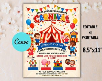 Invitación de cumpleaños de carnaval, fiesta de circo, plantilla editable de Canva (descarga digital)