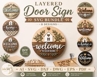 Welcome Door Hanger Floral SVG Bundle, Welcome to Our Home Sign Laser Cut File, Wooden Front Door Decor Glowforge xTool