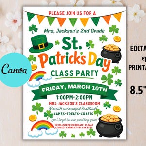May include: St. Patrick's Day class party invitation, 8.5" x 11". Features a green leprechaun hat, shamrocks, pots of gold, and a rainbow. Includes event details: date, time, and location.