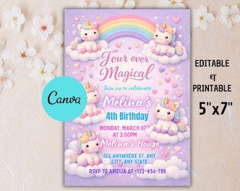 Invitación de cumpleaños de unicornio arcoíris, fiesta mágica y brillante (plantilla editable de Canva, descarga digital)