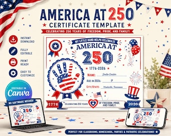 America 250 Handprint Craft Printable, 4th of July Keepsake Handprint Art, USA 250th Birthday Anniversary, 2026 Patriotic Kids Activity