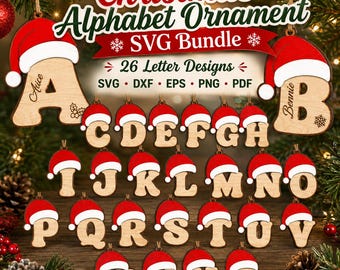 Pacchetto di file SVG per decorazioni natalizie con lettere dell'alfabeto e cappello di Babbo Natale: file per taglio laser (download digitale)