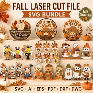 May include: A collection of laser-cut wooden fall-themed decorations including round signs with pumpkins and highland cows, gnomes, bees, ducks, ghosts, bears, and cows. The text includes "FALL LASER CUT FILE", "SVG BUNDLE", "Welcome", "HELLO Fall", and "HELLO FALL".