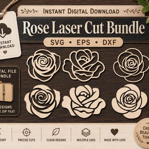 Puede incluir: Un paquete de archivos digitales titulado Rose Laser Cut Bundle que contiene seis diseños de rosas distintos en formatos SVG, EPS y DXF. El gráfico presenta siluetas de rosas de madera clara sobre un fondo de madera oscura con etiquetas.