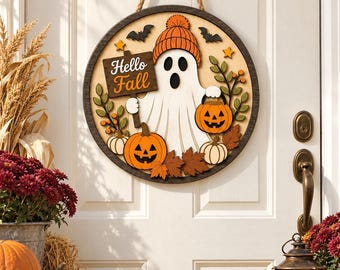 Cartello autunnale per porta SVG, scritta "Hello Fall" in formato SVG, file di taglio laser per zucca autunnale, targa rotonda in legno autunnale in formato DXF, EPS e PDF.