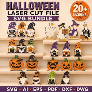 Op de afbeelding: Een digitale collectie van Halloween laser-snijbestanden met meer dan 20 ontwerpen, waaronder kabouters, verklede eenden en pompoenen. De bundel bevat SVG, AI, EPS, PDF, DXF en DWG bestandsformaten voor diverse knutselprojecten.