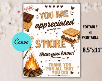 Letrero imprimible de agradecimiento para maestros con temática de s'mores / Te apreciamos más de lo que crees, Letrero imprimible para la semana de agradecimiento a enfermeras, maestros y personal.