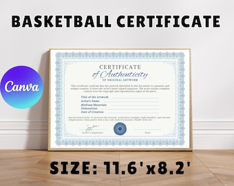 Plantilla de certificado de autenticidad de obra de arte, diseño editable en Canva (descarga instantánea, tamaño A4)