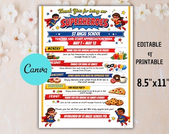 Folleto de la Semana de Agradecimiento a los Maestros Superhéroes, Plantilla de Canva para el Calendario Semanal de Eventos - Imprimible Digital