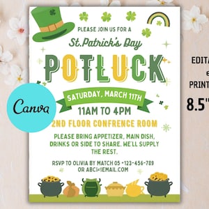Op de afbeelding: Uitnodiging voor een St. Patrick's Day Potluck met een groene hoed, klavers en een regenboog. De uitnodiging bevat de datum, tijd en locatie en vraagt gasten om een gerecht te delen. De afmeting is 21,6 cm x 27,9 cm.