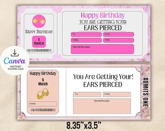 Vale de regalo de cumpleaños para piercing en la oreja, plantilla editable (descarga digital)