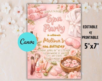Invitación para fiesta de cumpleaños de spa rosa, invitación para chica glamurosa (plantilla Canva descargable digitalmente)