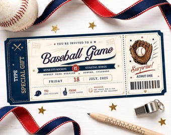 Plantilla de regalo para entradas de béisbol / Plantilla editable de 7 x 3 pulgadas para entradas de partidos / Regalo editable para entradas deportivas / Descarga digital
