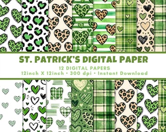 Papel digital del Día de San Patricio / Estampado de trébol, corazones y leopardo (13 JPEG)