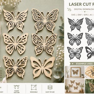 May include: A collection of laser-cut wooden butterfly shapes in various designs. The image includes the text "LASER CUT FILE DIGITAL DOWNLOAD" and "PERFECT FOR DIY PROJECTS, HOME DECOR, GIFTS & MORE!" along with example uses.