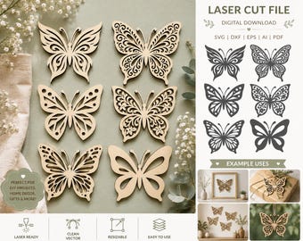 Paquete de archivos SVG de mariposas de madera, archivos para corte láser, decoración de pared con mariposas (descarga digital)