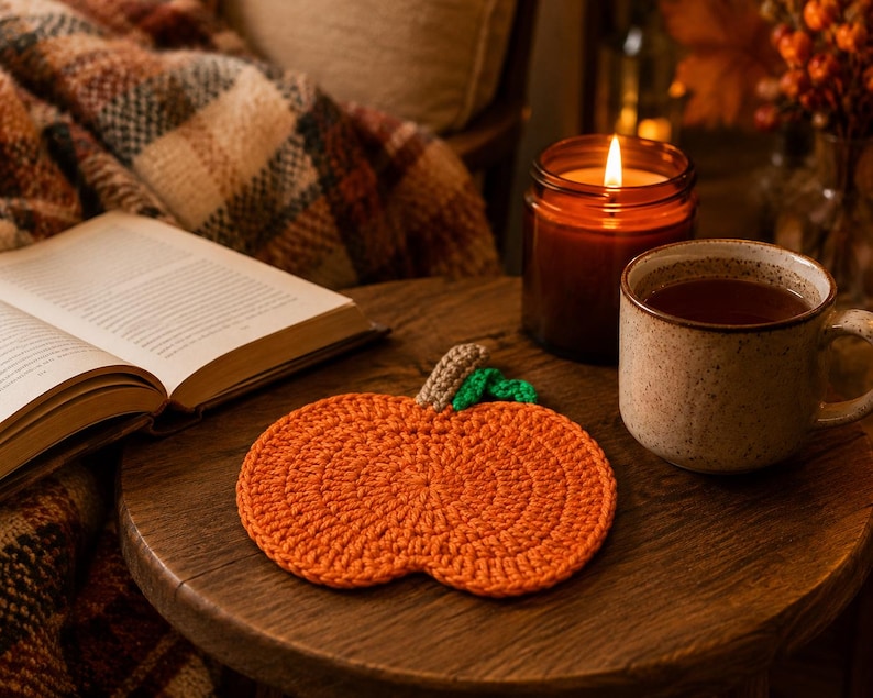 May include: A round, orange crocheted coaster shaped like a pumpkin, featuring a small brown stem and a single green leaf attached to the top. The coaster is crafted with a textured, circular stitch pattern and is laid flat on a wooden surface.