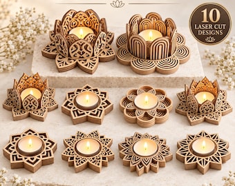 File per taglio laser del portacandele in legno - Portacandele a loto - Decorazione mandala per candeline - Supporto per candele a strati svg