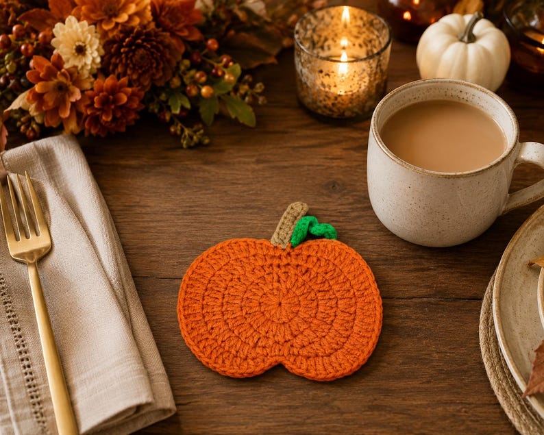 May include: A round, orange, crocheted pumpkin coaster featuring a textured surface, a small tan stem, and a single green leaf attached at the top. The coaster is crafted from yarn with visible circular stitching patterns throughout the design.