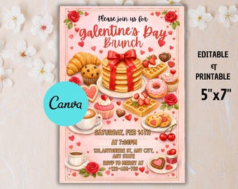 Invitación al brunch de Galentine, invitación a la fiesta del Día de Galentine, invitación a la fiesta del Día de San Valentín, invitación al brunch de Galentine, Canva editable