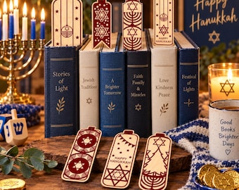 Pacchetto di 8 segnalibri SVG per Hanukkah, file per taglio laser ebraico, segnalibro in legno con Menorah e Stella di David, regalo ebraico Glowforge, AI PNG