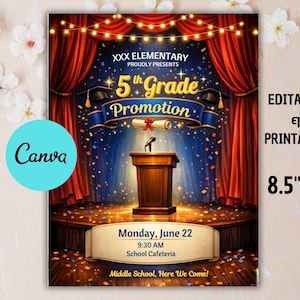 Plantilla de folleto de promoción de 5.º grado / Póster editable para la ceremonia de graduación (descarga digital)