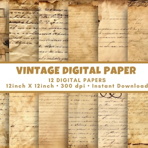 May include: A collection of vintage digital papers with a sepia tone, featuring handwritten script and aged textures. The papers are 12 inches by 12 inches and are available for instant download. The text "VINTAGE DIGITAL PAPER" is displayed prominently.