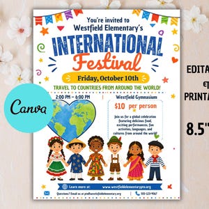 Könnte beinhalten: Ein farbenfrohes Plakat für das Internationale Festival der Westfield Elementary, mit einer Weltkarte und Kindern in verschiedenen kulturellen Outfits. Die Veranstaltung findet am Freitag, den 10. Oktober, von 14:00 bis 18:00 Uhr statt und ist 21,6 x 27,9 cm groß.