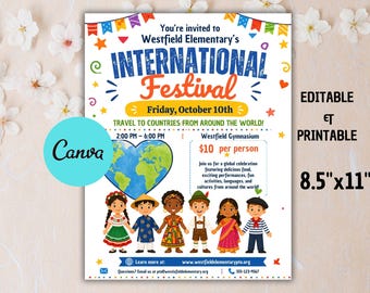 Folleto del Festival Escolar Internacional: Invitación a la Feria Multicultural (Plantilla de Canva)