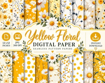 Pacchetto di carte digitali floreali gialle / Motivi senza soluzione di continuità con margherite e girasoli / Carta per scrapbooking stampabile a quadretti vichy