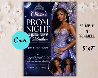 Plantilla de invitación para despedida de graduación, folleto de graduación glamuroso azul y plateado, invitación de fiesta de lujo, invitación digital editable de Canva para despedida de chica negra