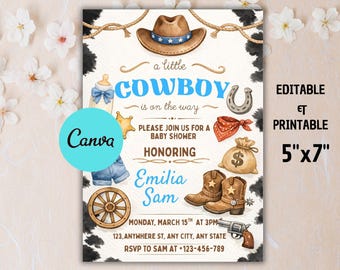 Invitación de baby shower de vaquero, fiesta de cumpleaños del lejano oeste, plantilla de Canva (descarga digital)