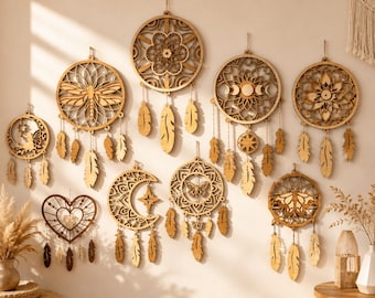 Pacchetto SVG Acchiappasogni per taglio laser / Decorazione murale boho in legno / File DXF CNC per Glowforge, Cricut / Albero della vita con loto e lupo / Download digitale immediato