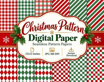 Pacchetto di carte digitali natalizie, motivi a quadretti rossi e verdi senza soluzione di continuità, carta per scrapbooking a tema natalizio, download in formato JPG 300 DPI (12x12 pollici).