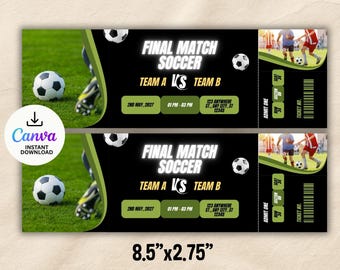 Plantilla editable de boletos para partidos de fútbol, regalo sorpresa personalizado de boletos para partidos de fútbol, plantilla Canva de boletos deportivos, descarga instantánea