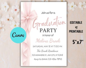 Invitación de graduación con lazo rosa: Plantilla de Canva con acuarela (descarga digital)