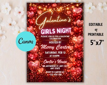 Invitación para la Noche de Galentine de Chicas, Invitación editable para Galentine, Invitación para San Valentín, Plantilla para Noche de Chicas, Corazones Rosas Imprimibles