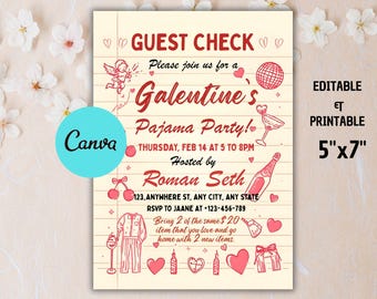 Invitación de San Valentín con pijama dibujado a mano para el Día de Galentine, invitación de Galentine en rosa y rojo con cheque para invitados, noche de chicas en pijama, caprichosa invitación dibujada a mano.