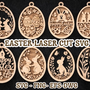 Puede incluir: Adornos de huevo de Pascua de madera con diseños cortados con láser. Los diseños incluyen conejitos, huevos, flores y el texto "Happy Easter". Los adornos son de varias formas y estilos, ideales para decoraciones de Pascua.