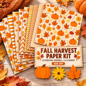 Op de afbeelding: Een collectie digitaal papier met herfstthema's met pompoenen, oranje en gele bladeren, strepen en chevronpatronen. Een rechthoekig label toont de tekst FALL HARVEST PAPER KIT, 12 DIGITAL PAPERS + 6 CLIPART, 300 DPI.