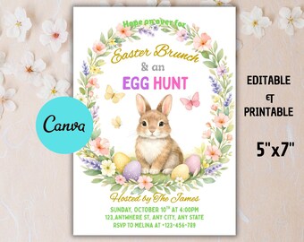 Invitación floral para brunch de Pascua, búsqueda de huevos, conejito y cruz, Canva editable (descarga digital)