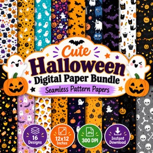 May include: A digital paper bundle featuring sixteen seamless Halloween patterns with ghosts, pumpkins, bats, skulls, and candy corn. The central label displays the text Cute Halloween Digital Paper Bundle, 16 Designs, 12x12 Inches, 300 DPI, Instant Download.