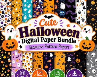 Carte digitali di Halloween carine, carte per scrapbooking di Halloween, motivi spettrali senza soluzione di continuità, pacchetto di carte di Halloween nere, viola e arancioni