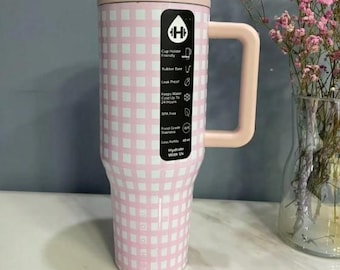 Gobelet de voyage Hydrojug 40 oz – à personnaliser avec carreaux roses | Cadeau pour elle | Coupe du voyageur