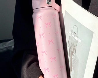 Gourde rose personnalisée avec noeud - isotherme en acier inoxydable 800 ml 1000 ml, joli gobelet de sport coquette, cadeau d'anniversaire pour elle